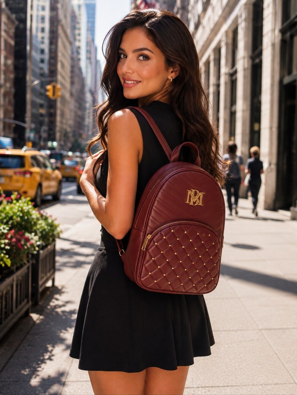 Badgley Mischka womens chevron quilted pocket studded plum gold backpack new nwt